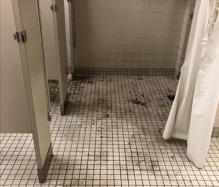 A company bathroom with sewage on the tile floor 